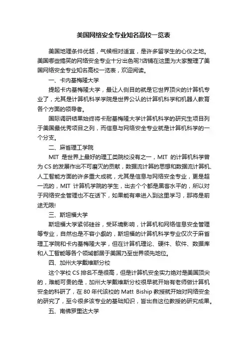 美国网络安全专业知名高校一览表