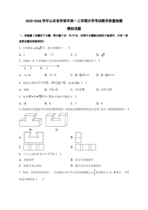 2023-2024学年山东省济南市高一上学期开学考试数学质量检测模拟试题(含解析)