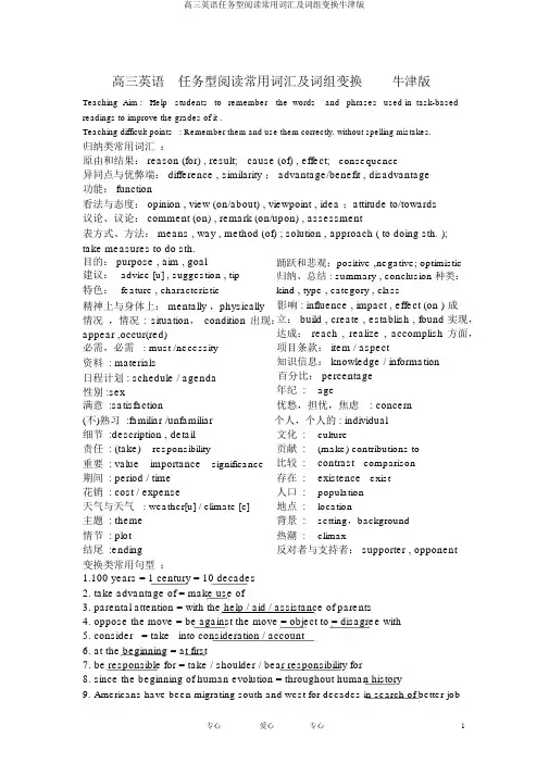 高三英语任务型阅读常用词汇及词组转换牛津版