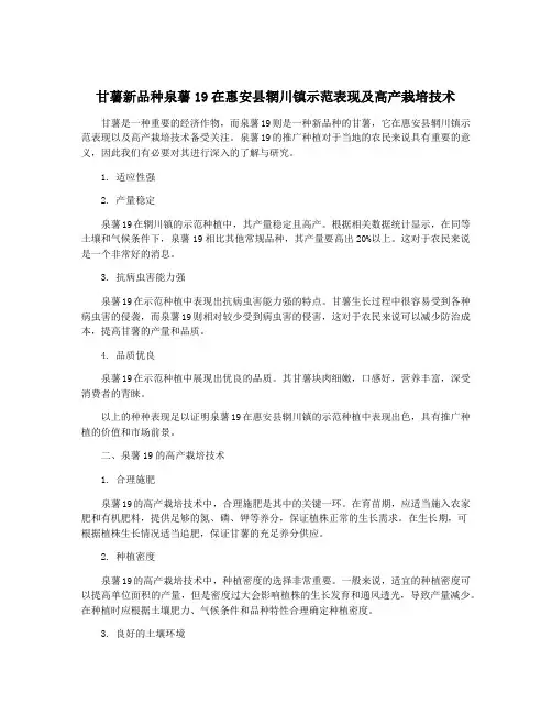 甘薯新品种泉薯19在惠安县辋川镇示范表现及高产栽培技术