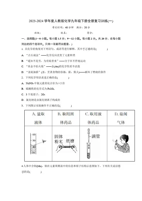 2023-2024学年度人教版化学九年级下册全册复习训练(一)答案版