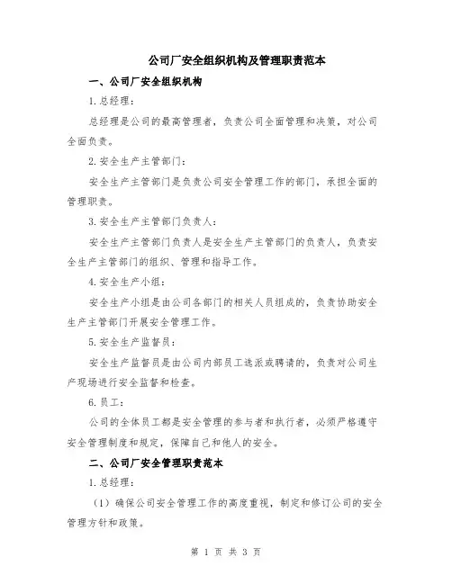 公司厂安全组织机构及管理职责范本