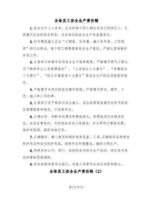 全体员工安全生产责任制(5篇)