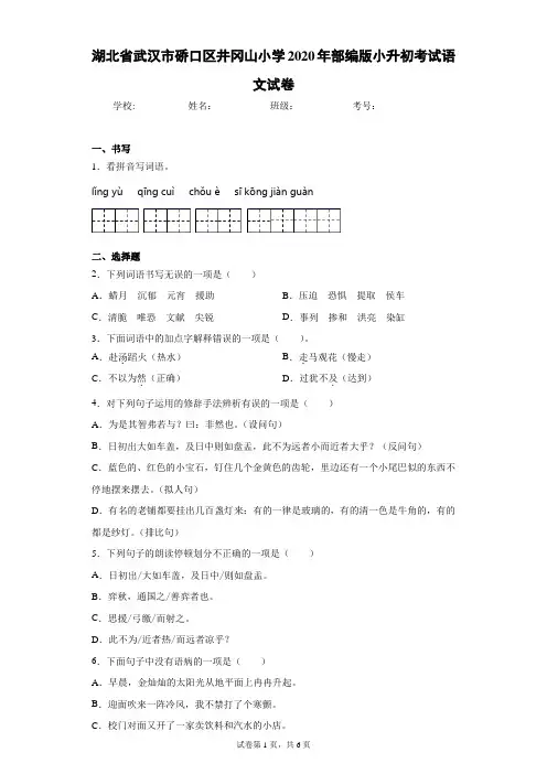湖北省武汉市硚口区井冈山小学2020年部编版小升初考试语文试卷(含答案解析)