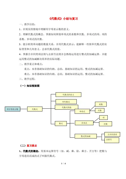 《代数式》(小结与复习)参考教案