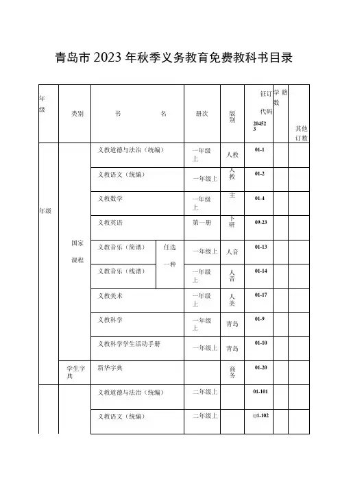 青岛市2023年秋季义务教育免费教科书目录