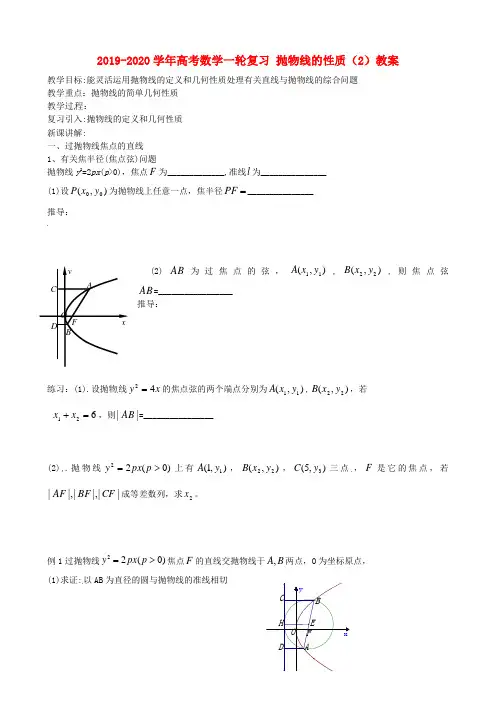 2019-2020学年高考数学一轮复习-抛物线的性质(2)教案