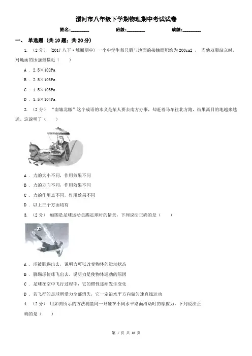 漯河市八年级下学期物理期中考试试卷