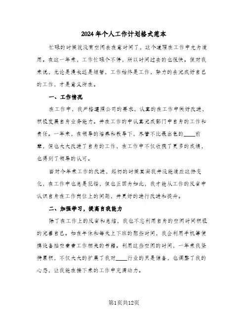 2024年个人工作计划格式范本(8篇)