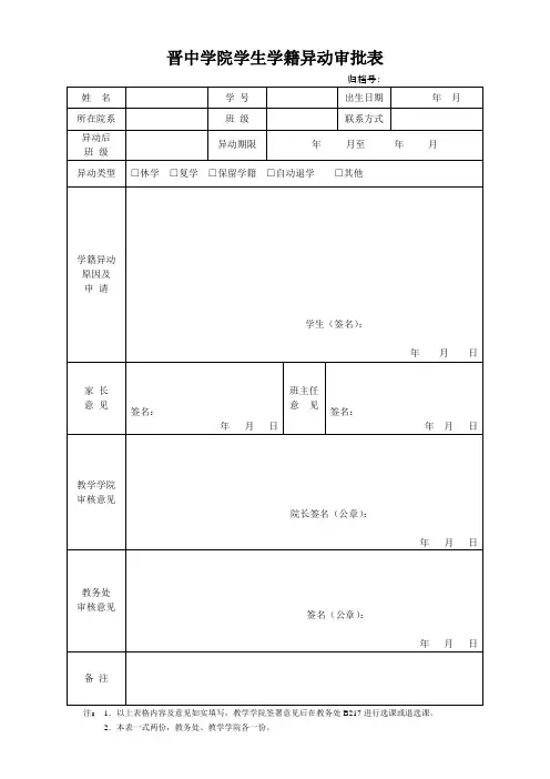 晋中学院学籍异动审批表(用于休学、复学、保留学籍和自动退学)