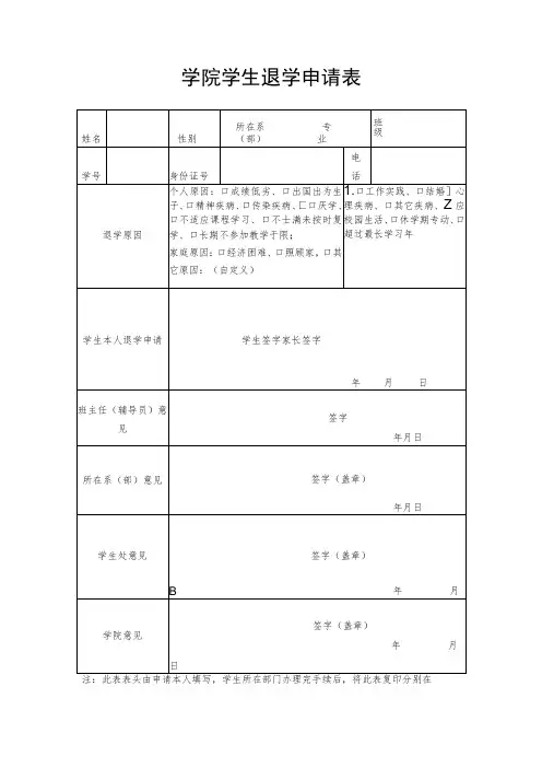 学院学生退学申请表