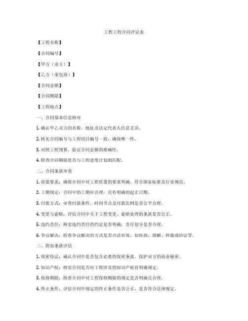 工程工程合同评议表