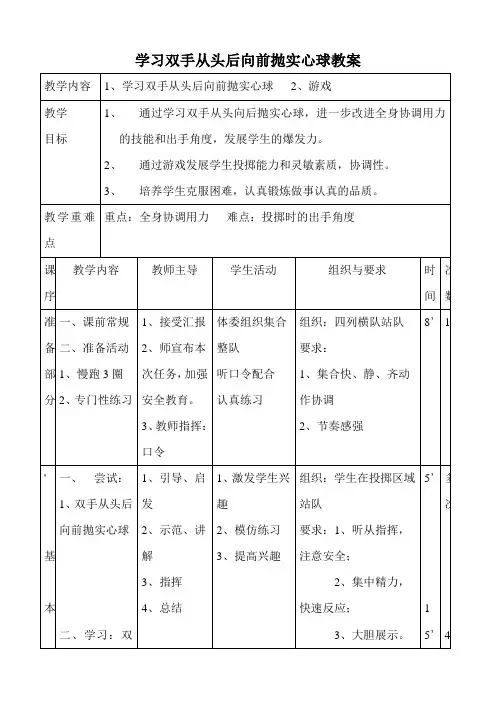 体育与健康人教版五年级-双手从头后向前抛实心球教案