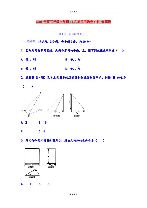 2021年高三年级上学期11月周考考数学文科 含解析