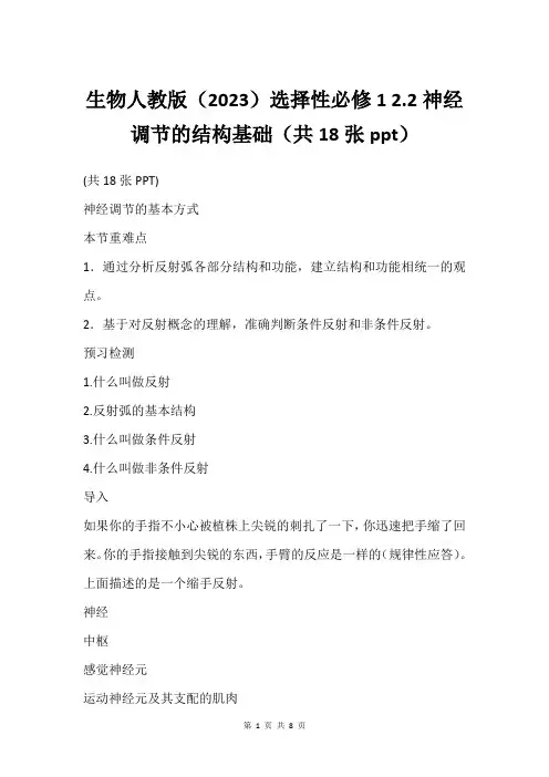 生物人教版(2023)选择性必修1 2.2神经调节的结构基础(共18张ppt)