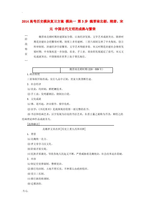 2014高考历史模块复习方案 模块一 第3步 魏晋南北朝、隋唐、宋元 中国古代文明的成熟与繁荣