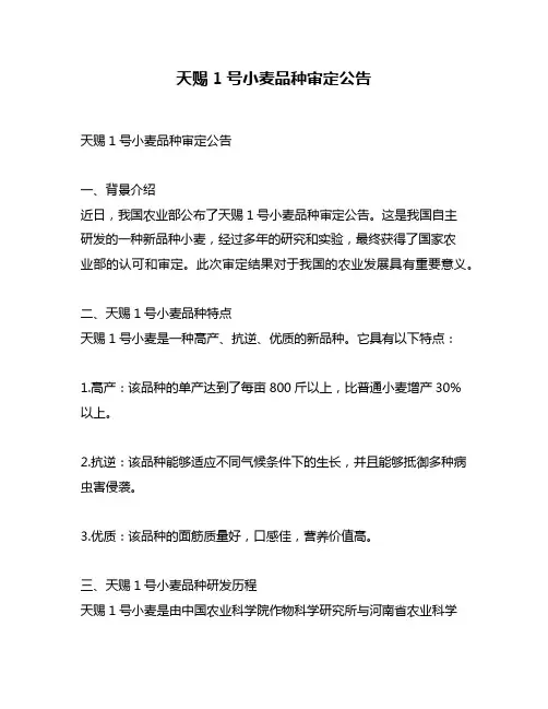 天赐1号小麦品种审定公告