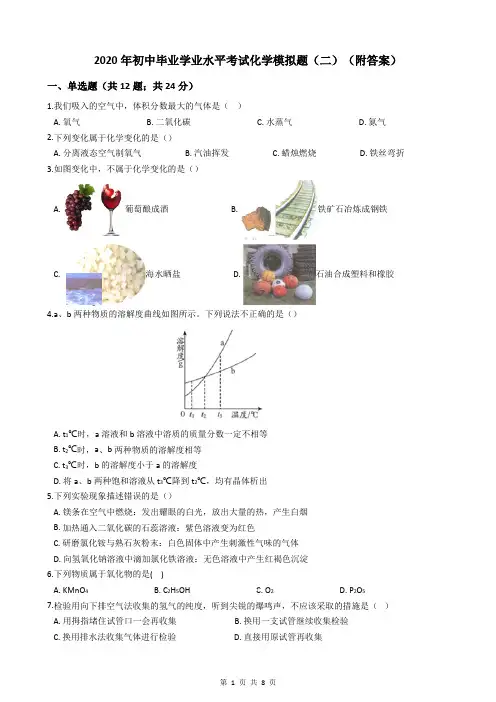 2020年初中毕业学业水平考试化学模拟题(二)(附答案)