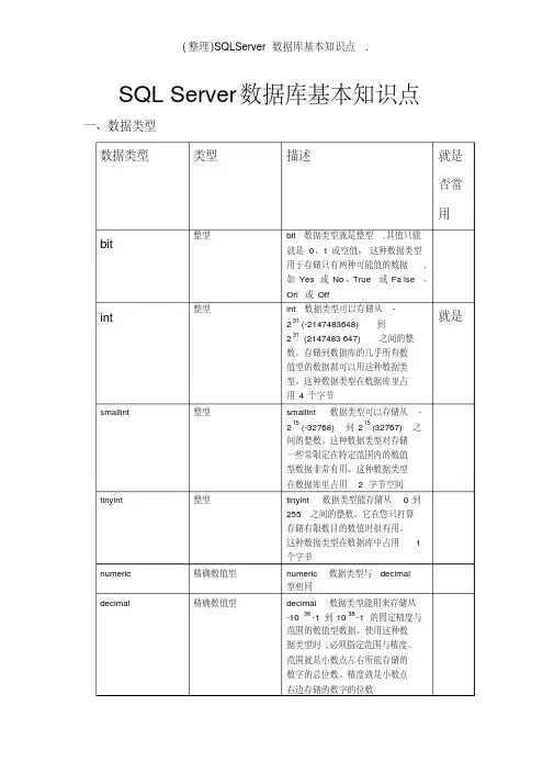 sqlserver数据库基本知识点
