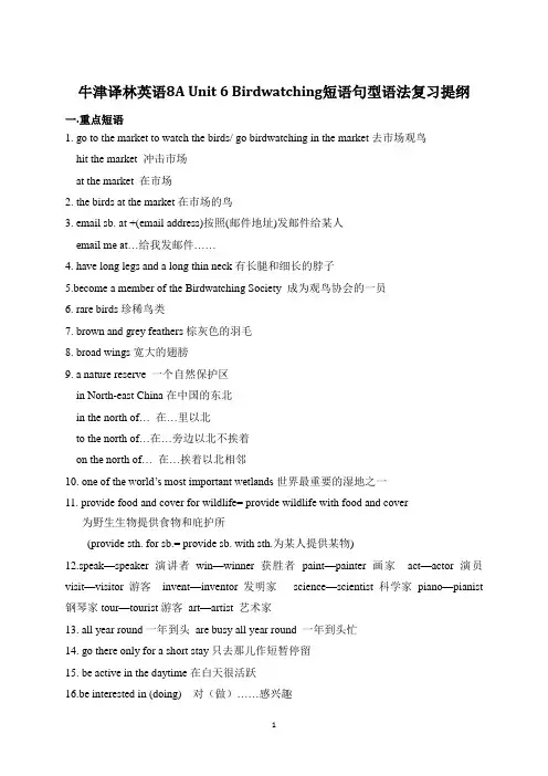 牛津译林英语8A Unit 6 Birdwatching词组、句型、语法复习提纲