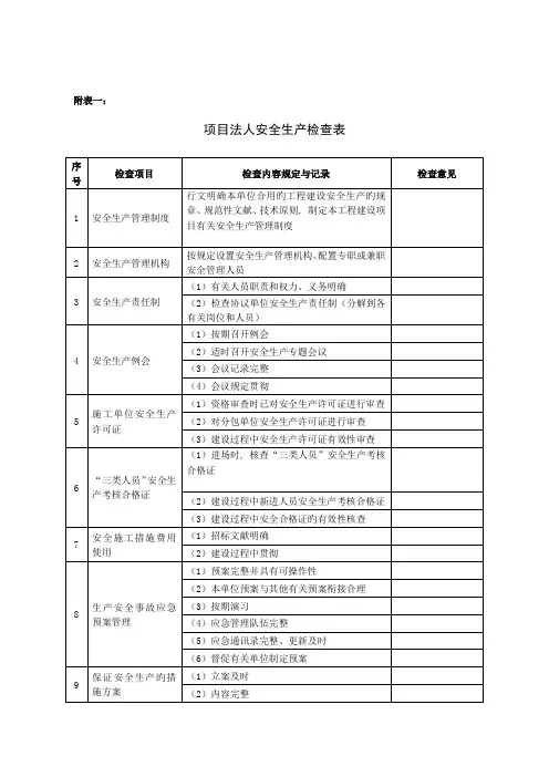 项目法人安全生产检查表附表