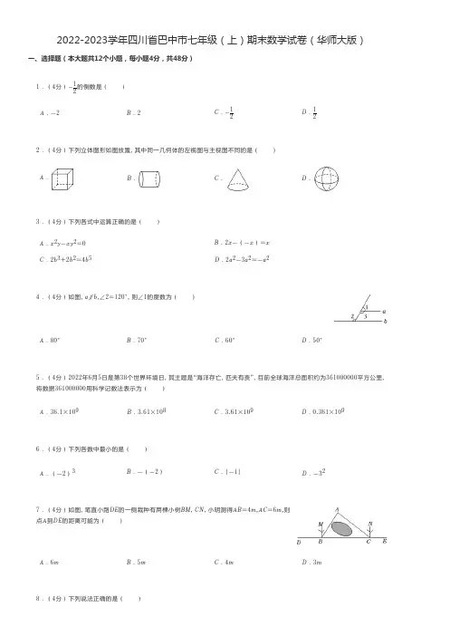 初中数学 2022-2023学年四川省巴中市七年级(上)期末数学试卷(华师大版)