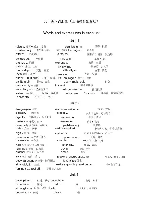 牛津英语八年级下单词表上海教育出版社
