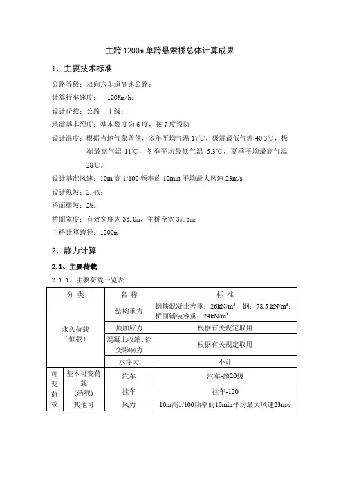 1200米悬索桥主要计算成果