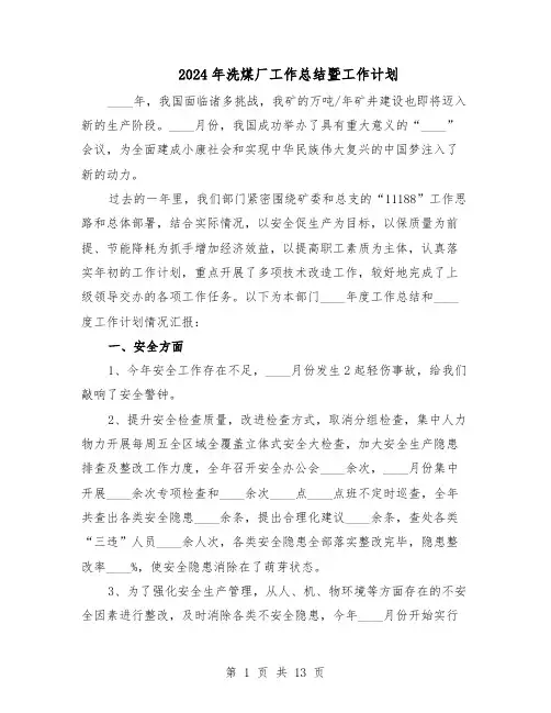 2024年洗煤厂工作总结暨工作计划(二篇)