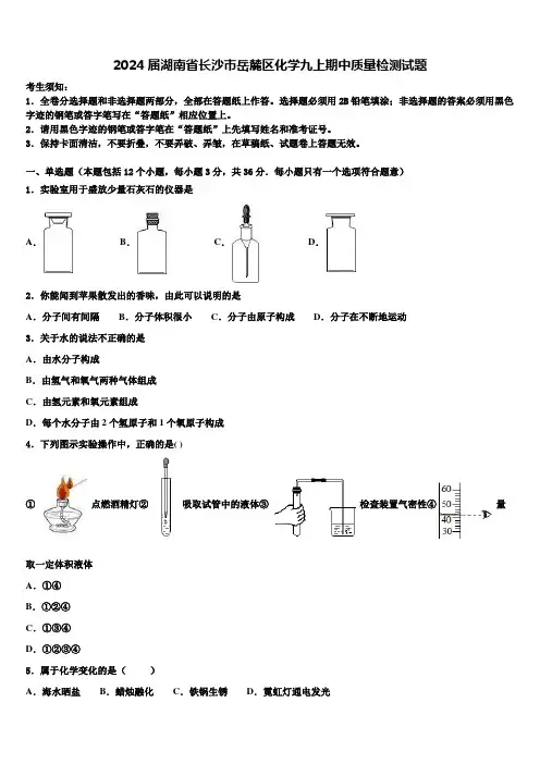 2024届湖南省长沙市岳麓区化学九上期中质量检测试题含解析