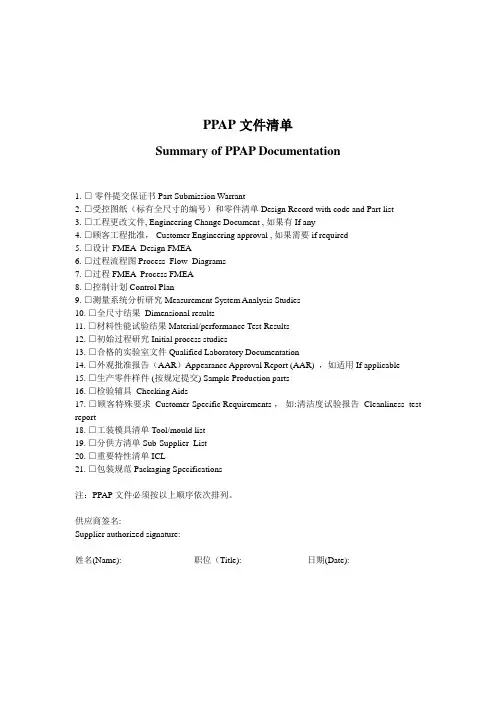 PPAP文件清单