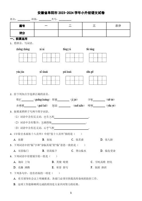 安徽省阜阳市2023-2024学年小升初语文试卷(含答案)