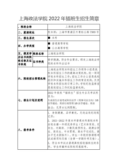 【上海插班生】心彼心插班生——上海政法学院2022年插班生招生简章