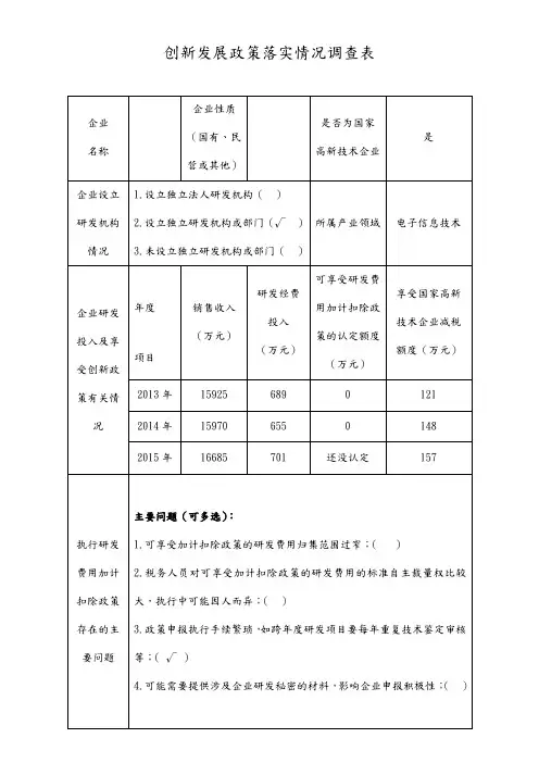 创新发展政策落实情况调查表