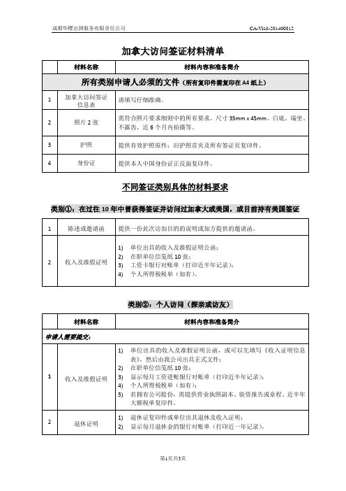 加拿大访问签证材料清单