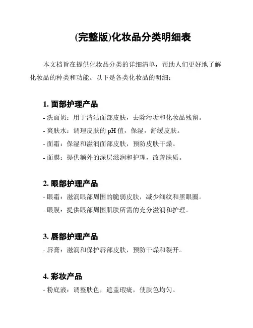 (完整版)化妆品分类明细表