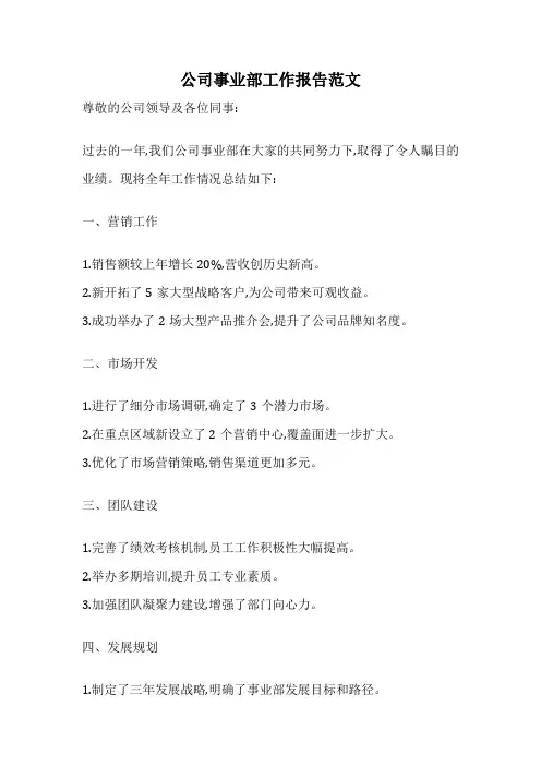 公司事业部工作报告范文