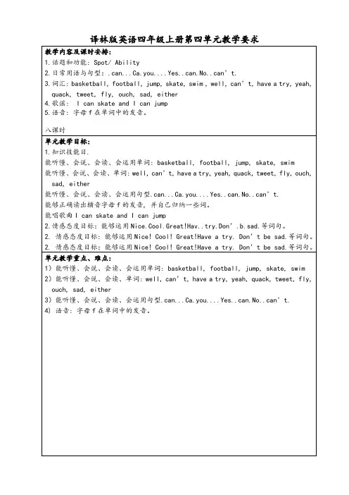 译林版英语四年级上册第四单元教案