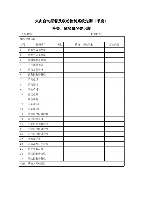 火灾自动报警及联动控制系统定期(季度)检查、试验情况登记表