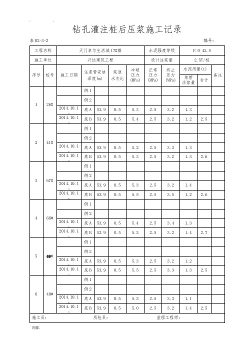 钻孔灌注桩后压浆施工记录16#17#