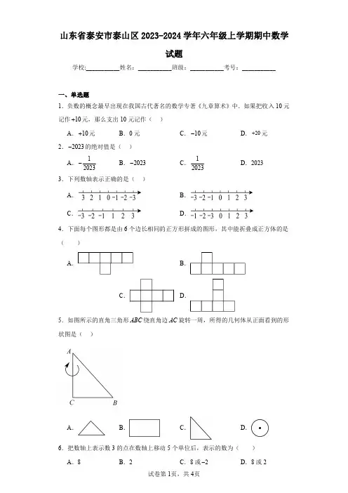 山东省泰安市泰山区2023-2024学年六年级上学期期中数学试题