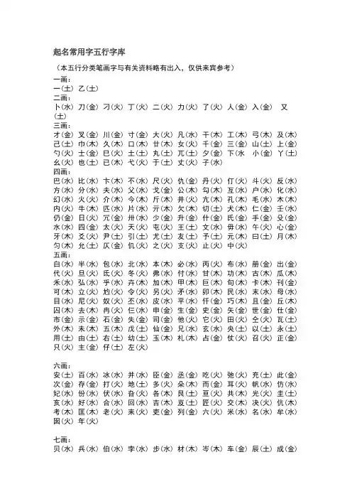起名常用字五行字库