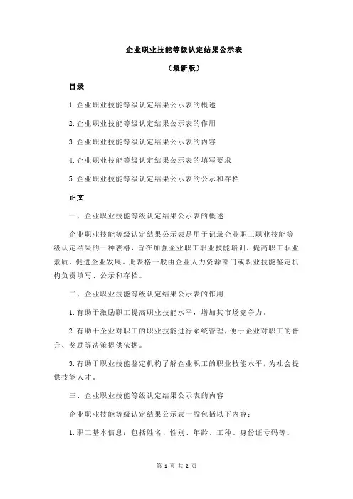 企业职业技能等级认定结果公示表