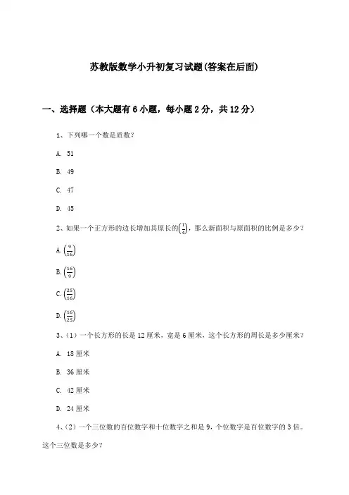 苏教版小升初数学试题与参考答案