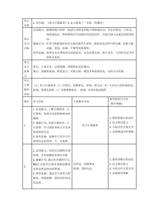 小学体育与健康一年级走与游戏大单元教学设计