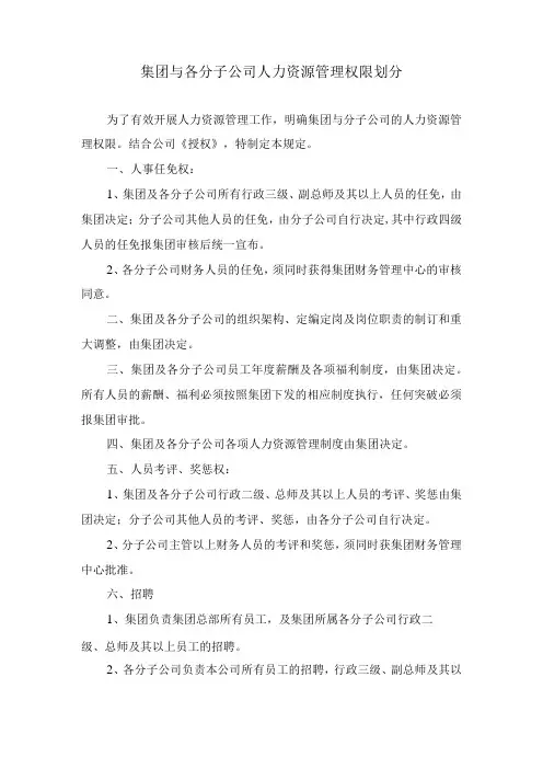集团与各分子公司人力资源管理权限划分