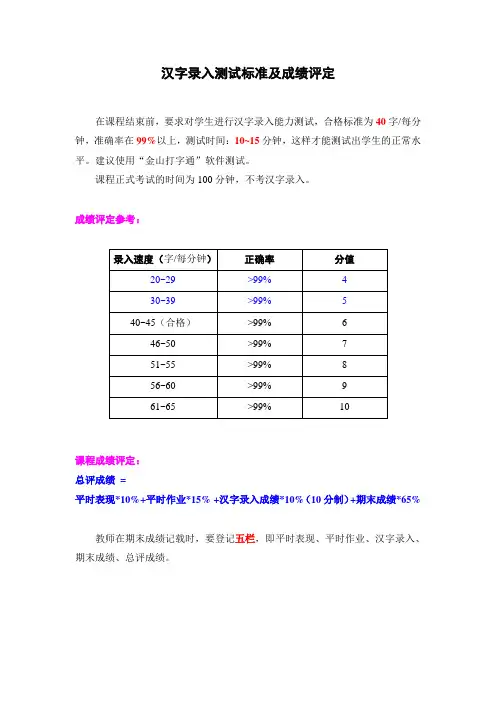 汉字录入标准及成绩评定(11下执行)