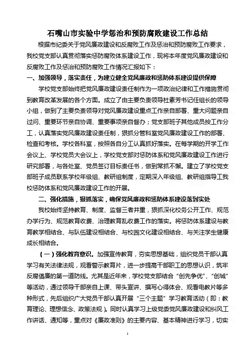 石嘴山市第五中学惩治和预防腐败工作总结