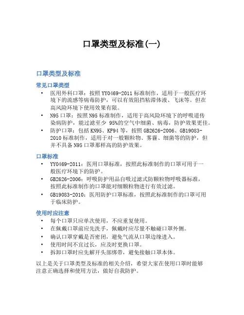 口罩类型及标准(一)