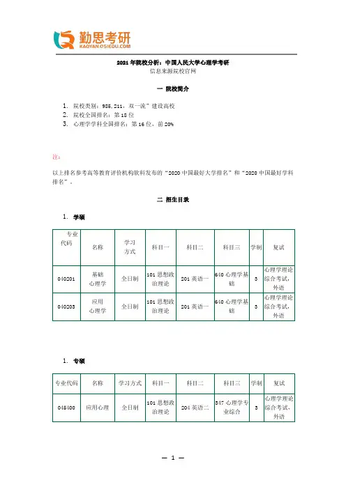 2021年院校分析：中国人民大学心理学考研